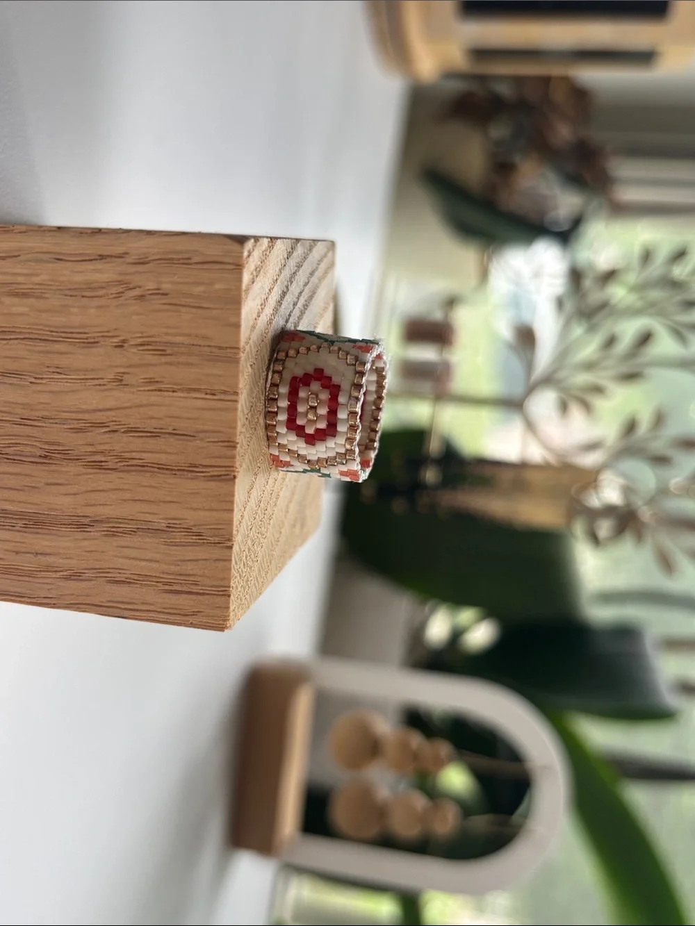 Handwoven Beaded Ring in Red and White - Artisan Style